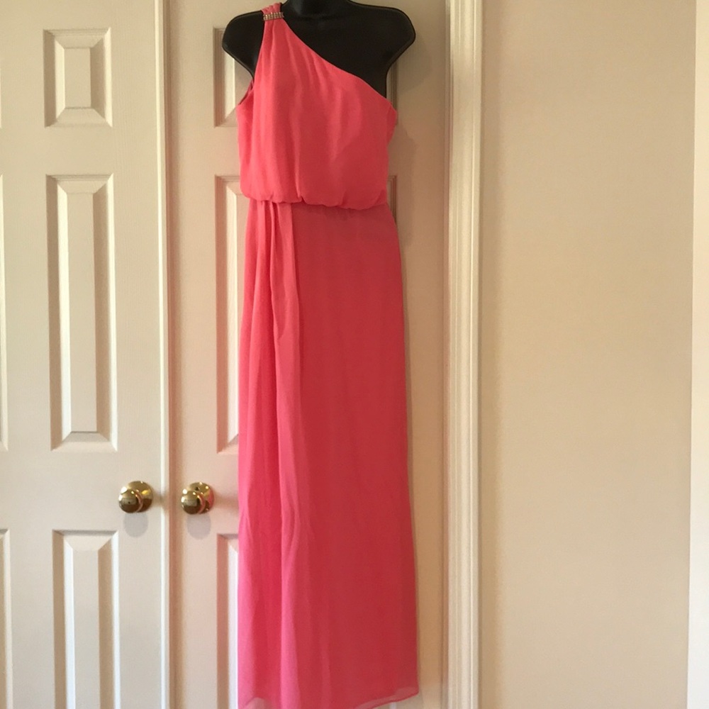 Pink chiffon one shoulder dress by Adrianna Papell